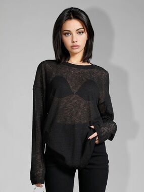 Commense Sheer Knit Long-Sleeve Top in Black